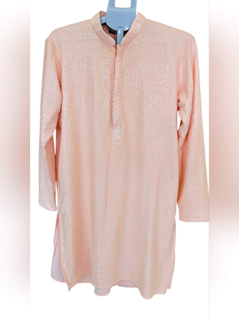 Men's Peach Sequin Kurta Ethnic Festive Wedding Tunic Size 42 L